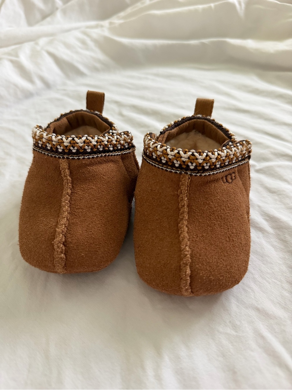 UGG Baby Chestnut Brown Suede Slip-On Booties with Braided Trim